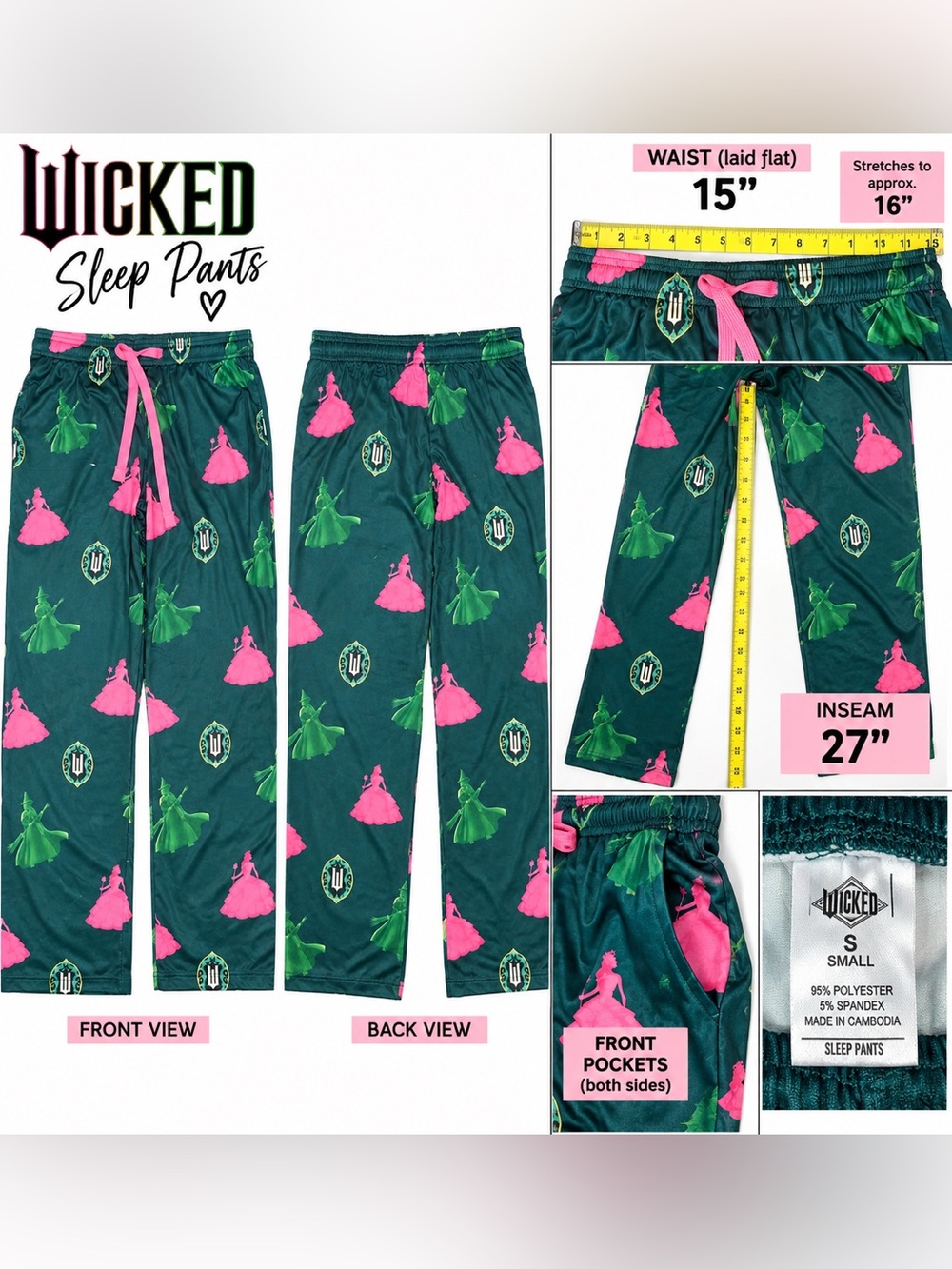 Wicked Sleep Pants Size Small Green Pink Glinda Elphaba Pajama Pants NWOT - Picture 3 of 3